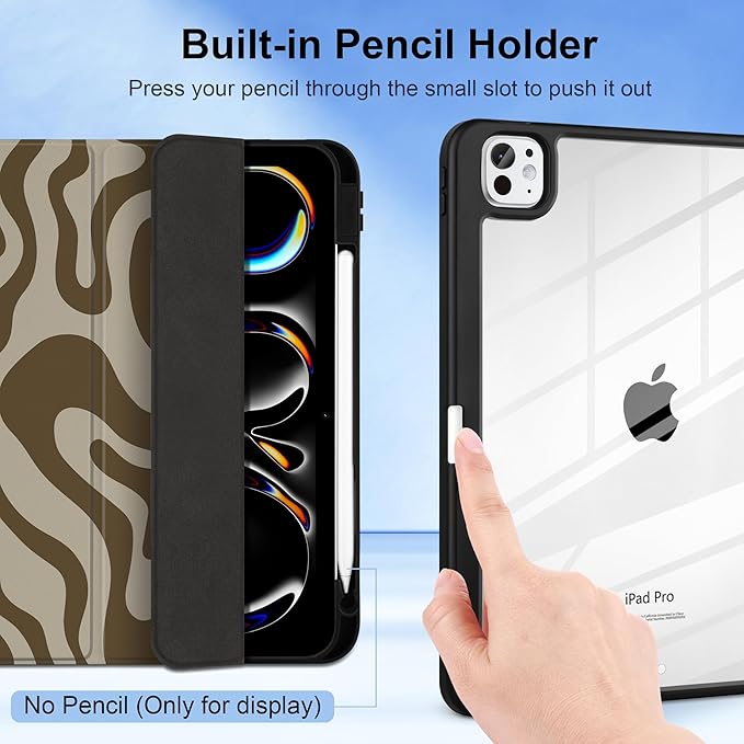 TWOLSKOO Case for iPad Pro 11-inch (M5 2025 / M4 2024) Clear Acrylic Back with TPU Bumper Pencil Holder Trifold Stand Auto Sleep/Wake Brown Waves