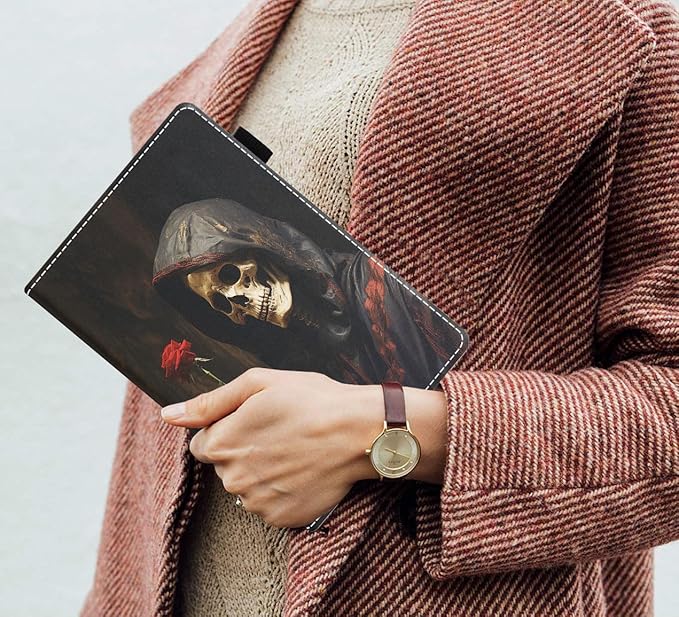 Case for Amazon Kindle Fire 7 Tablet (7 9th/7th Generation 2019/2017 Release) Slim PU Leather Cover with Card Slot &amp Auto Wake/Sleep Skull Rose