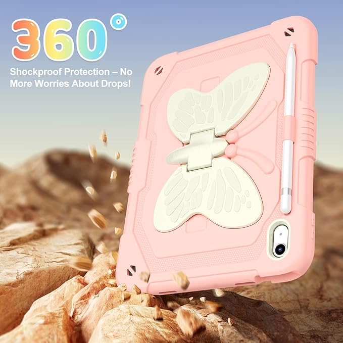 Case for iPad (A16) 11th/10th Generation 2025/2022 11/10.9 for Kids Girls with 9H Tempered Glass Screen Protector Rugged Shockproof Protective with Butterfly Stand Carrying Strap-Rose Pink