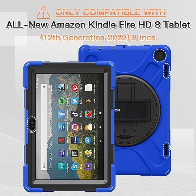 BRAECNstock for Amazon Fire HD 8 Tablet Case 12th Generation 2024/2022 8 inch with Rotating Hand Strap + Stand Shouler Strap Pen Holder Shockproof Rugged Kindle Fire HD 8 Protective Case Kids - Blue