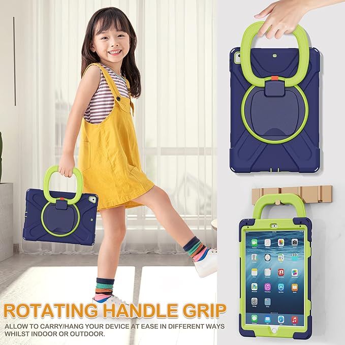 BRAECN Case for iPad 9.7” iPad 6th/5th Generation 2018/2017 iPad Air 2 Hybrid Shockproof Rugged Drop Protection Cover with Kickstand Pencil Holder Carrying Strap Hand Grip for Kids-Navy+Green
