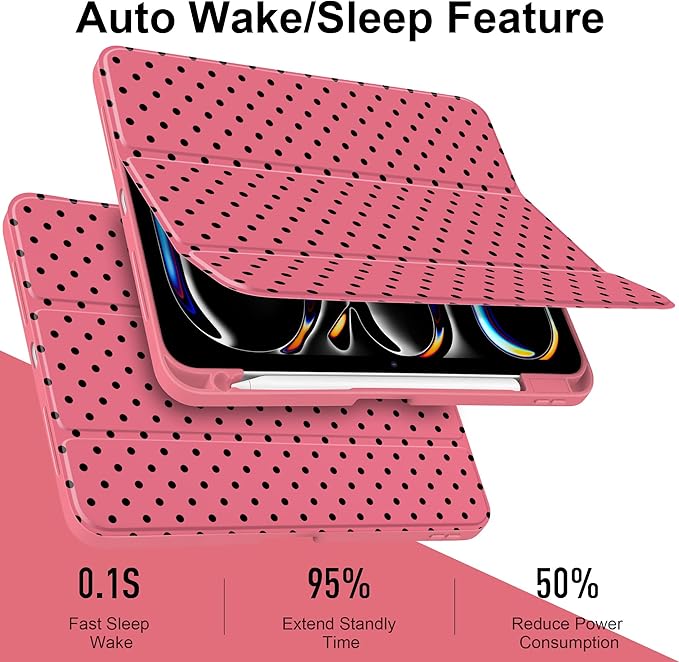 Case for iPad Pro 11 Inch (M5 2025 M4 2024) – [Built-in Pencil Holder] Shockproof &amp Stylish Clear Hard Back + Soft TPU Edge Magnetic Trifold Stand Auto Wake/Sleep Rose red Polka dot