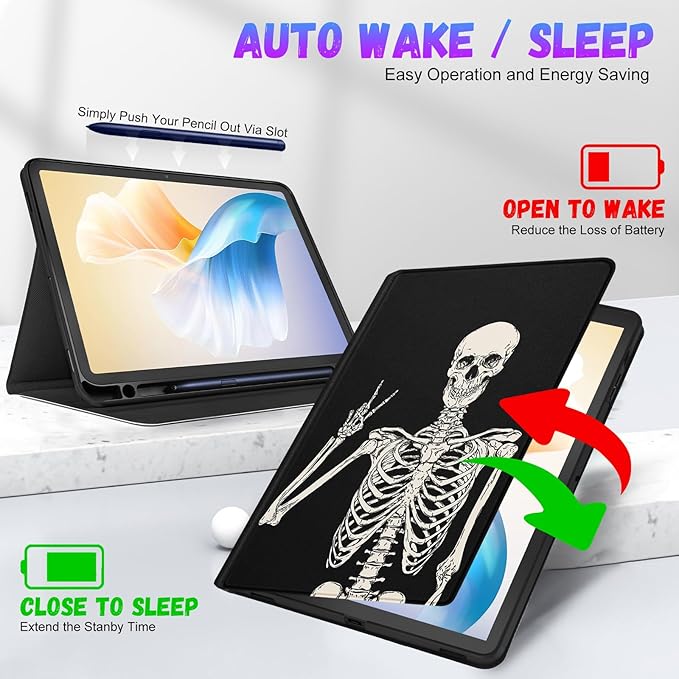 for Samsung Galaxy Tab S9 Plus/S9 FE Plus Case 12.4 Inch 2023 for Women Girls Boys Men Cute Folio Cover with Pencil Holder Cool Design Skeleton Skull Gothic Tablet Cases for Tab S9+/S9 FE+