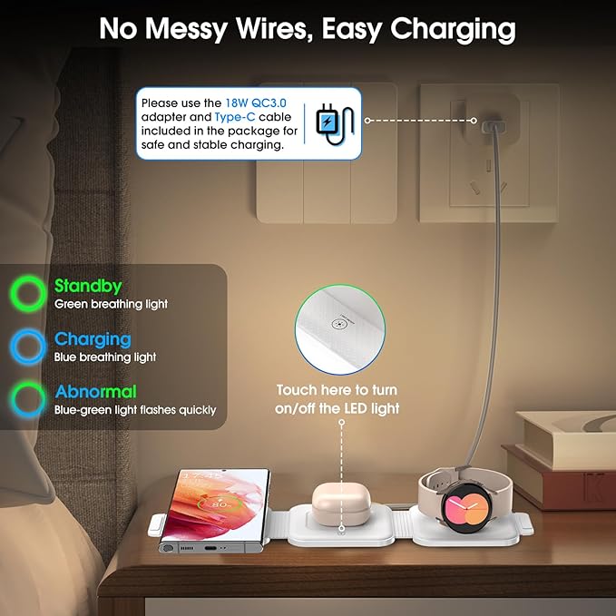 Pocket Wireless Charging Station for Samsung Android Devices Foldable Travel Charger Pad for Samsung S25 S24 S23 Ultra Z Flip Fold 6 Wireless Watch Charger for Galaxy Watch 7/6 for Buds 3 Pro-White
