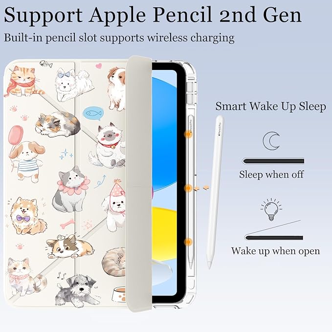 Cute Kawaii Puppy Kitten for iPad Pro 11 Inch Case (M5/M4) 2025/2024 with Pencil Holder Auto Sleep/Wake White Leather Acrylic Back Detachable Cover