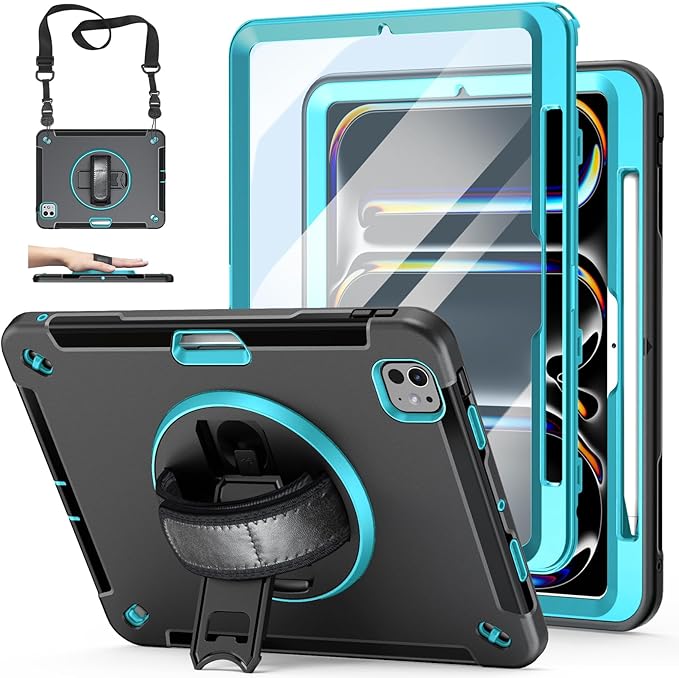 Case for iPad Pro 13 Inch M5 2025/ M4 2024: Military Grade Cover for iPad Pro 13 with Screen Protector - Stand - Handle - Shoulder Strap - Pencil Holder-Mint Green