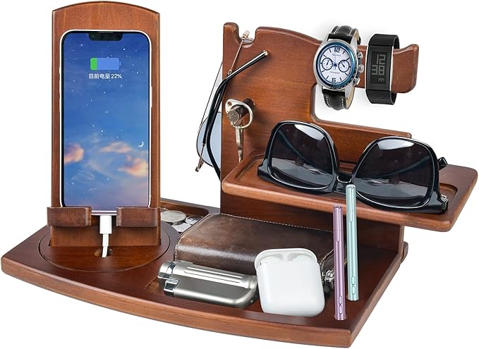 Gifts for Men Fathers Day Wood Phone Docking Station for Dad Desk or Nightstand Organizer Mens Gifts for Husband Birthday Gifts for MenGifts for Fathers Day Key Holder Wallet Watch &amp Essent