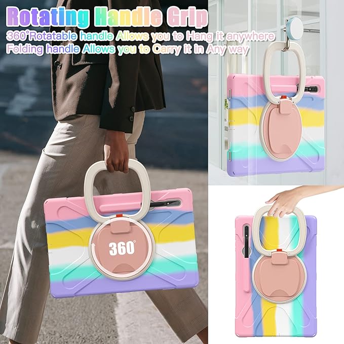 Heavy Duty Case for Galaxy Tab S10 Lite/ S10 FE/ S9 FE/S8/S7 Hybrid Rugged Case with S Pen Holder Shockproof Kids Case with 360 Rotating Stand/Shoulder Strap (Colourful Pink)