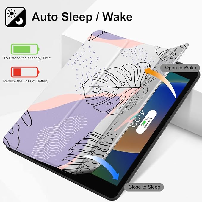 Mektron Designed Printed iPad 10.2 Case 9th Gen (2021)/ 8th Gen (2020)/ 7th Gen (2019) with Pencil Holder Slim Stand Protective Case with Soft TPU Back for iPad 10.2 Inch Tropical Leaves