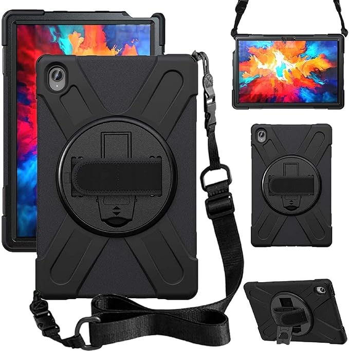 Junfire Shockproof Case for Lenovo Tab P11 Plus 2021/Tab P11 2020 Heavy Duty Rugged Case with Hand Strap/360°Rotating Kickstand/Shoulder Belt for TB-J606F/TB-J606X/TB-J616F-Black