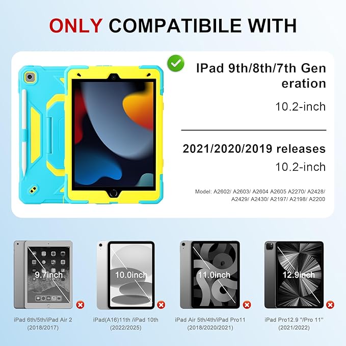 Case for iPad 9th Generation (2021) /iPad 8th Gen (2020)/iPad 7th Gen (2019) Military Grade Shockproof iPad Case Built-in 360°Rotating Stand/Pen Slot/Shoulder Strap for iPad 10.2 (Blue+Yellow)