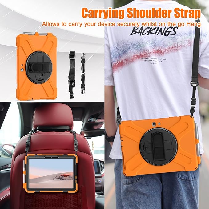 ZenRich Rugged Case for Surface Go with Pen Holder Heavy Duty Shockproof Case with Stand Hand Strap and Shoulder Belt - Orange