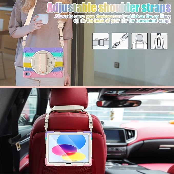 BRAECNstock Kids Case for Apple iPad (A16) 11th/10th Generation Case 11/10.9 2025/2022 Shockproof Protective with Screen Protector Pencil Holder [360°Rotating Stand+ Hand Strap] Colorful Pink