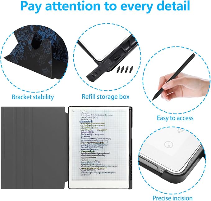 Rotating Case for 11.8 Remarkable Paper Pro Tablet (2024 Released) Lightweight and Hard Back Shell Protective Book Folio CoverAuto Sleep/WakePen Holder and Pen Tips Box (Blue Flowers)