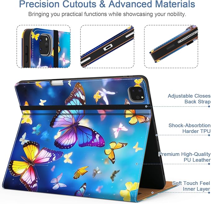 Case for iPad Pro 12.9 6th/5th/4th/3rd Generation 2022/2021/2020/2018 PU Leather 12.9 Cover with Pencil Holder/Multi-Angle Stand/Pocket Auto Wake/SleepButterfly Blue