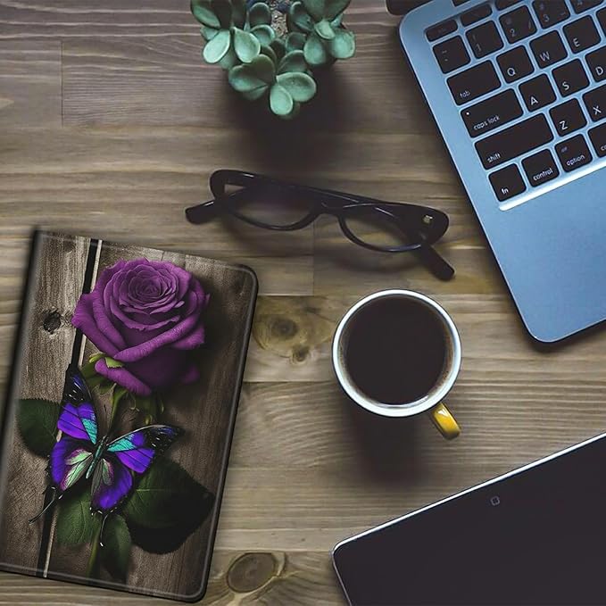 Case for Kindle Paperwhite 12th Generation &amp Kindle Colorsoft Signature Edition 2024 7 inch Lightweight Smart Case Adjustable Stand Protective Cover with Auto Wake/Sleep - Purple Rose &amp Butter