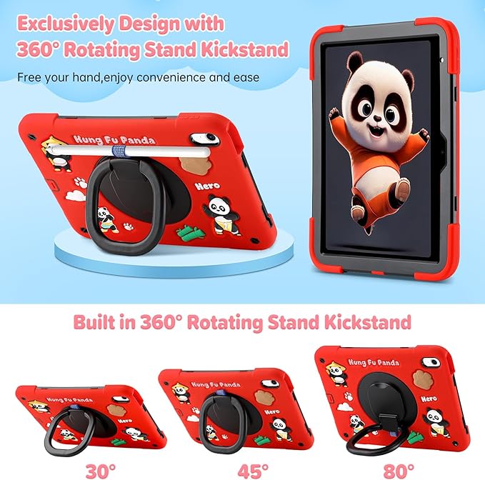 for iPad (A16) 11th Generation Case Kids iPad 10th Generation with Screen Protector Rugged Protective Cartoon 3D Panda Warrior Cover with Rotating Stand/Strap/Pen Slot for Kids Teens (Red+Black)