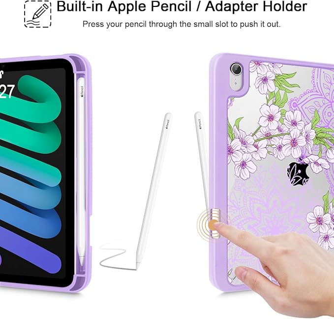 Mektron Printed Case for iPad mini 7 (A17 Pro) 2024/ Mini 6 2021 iPad mini 7th/6th Generation 8.3-inch Liquid Retina Display Cover Buit in Pencil Holder with Clear Back Shell Blossom Sakura-Purple