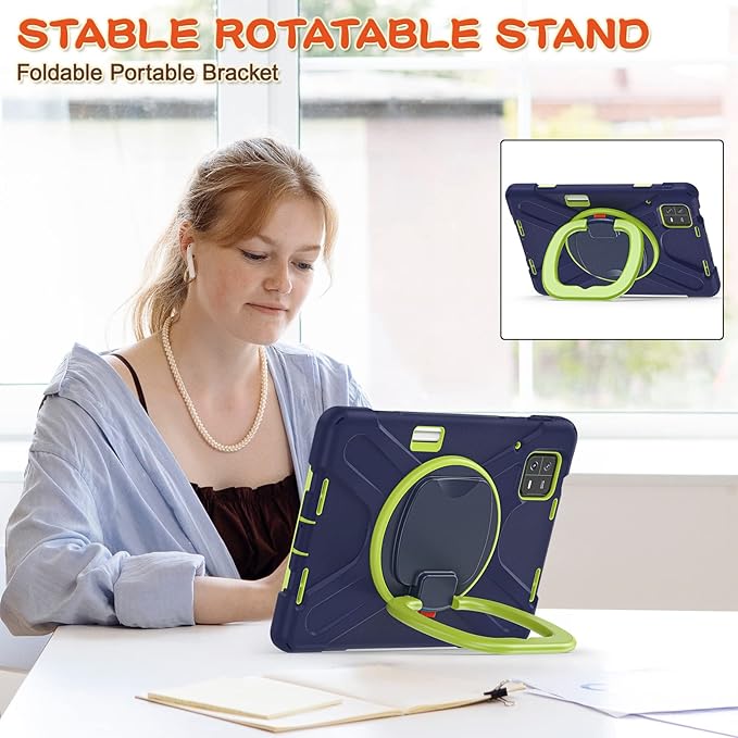 for Xiaomi Mi Pad 6/ Mi Pad 6 Pro 11-inch Tablet Case - Heavy Duty Shockproof Cover 360° Rotating Hand Strap Foldable Stand Anti-Slip Handle Adjustable Shoulder Strap Pen Holder - Navy