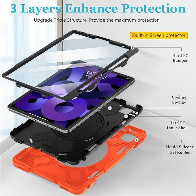 Case for iPad Air 11 M4 2026/ M3 2025/ M2 2024: Silicone Cover for iPad Air 5th &amp 4th Generation 10.9 Inch (2020/2022) with Screen Protector- Stand- Handle- Shoulder Strap- Pencil Holder