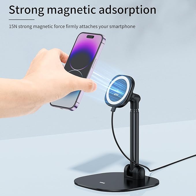 VRIG Magnetic Desk Phone Stand for Office/Home 360°Rotation Wireless Charger Phone Holder with Magnetic Ring Height&ampTilt Adjustable Cell Phone Stand for iPhone 16 15 14 13 12 and More/Android