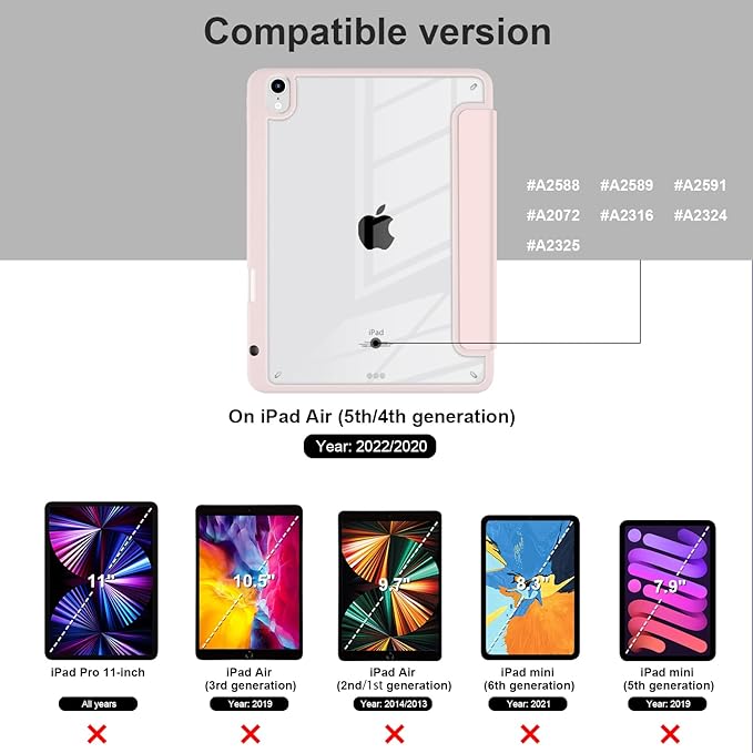 Batianda Hybrid Case for iPad Air 2022 (5th Generation M1 Chip) / iPad Air 4th 2020 10.9 inch [Built-in Pencil Holder] Shockproof Cover with Clear Transparent Back Shell TPU BumperPink Flower