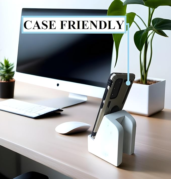 FLOWMAR Marble Phone Stand for Desk – Heavy Quartz Cell Phone Holder Luxury White Marble Phone &amp Tablet Stand Stable iPhone Stand for Desk Case Friendly Charging Compatible