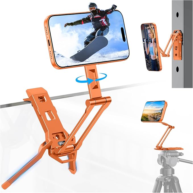 OMOTON TP06 for MagSafe Tripod Hook 360°Rotate Magnetic Phone Tripod for iPhone 17/16/15 Pro Max Air Fold Phone Stand Selfie Stick with 1/4 Screw Acra Fits Vlog Gym Travel Essentials Orange