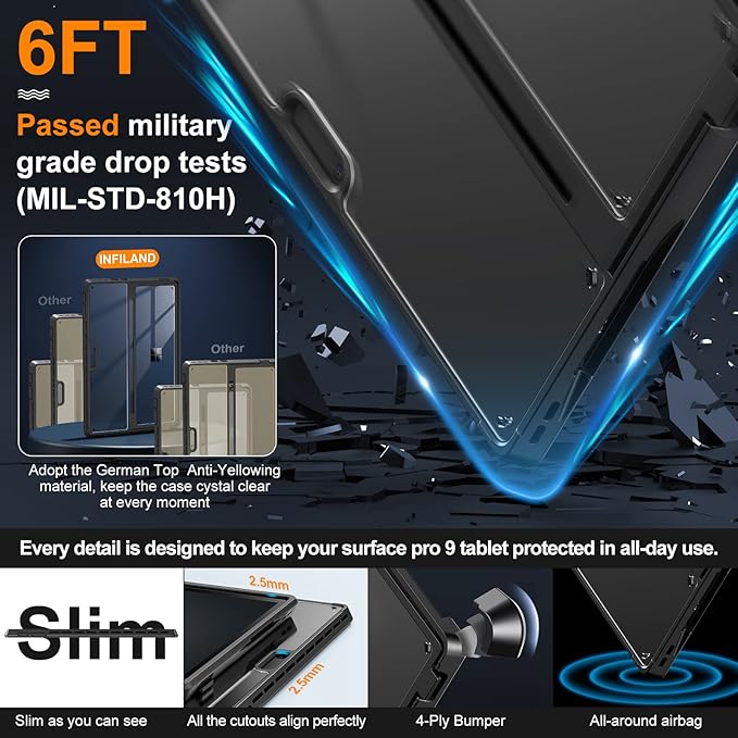 INFILAND Surface Pro 11/10/9 Case Crystal Clear Multi-Angle Shockproof for Microsoft Surface Pro 11th Edition AI 2024 Work with Surface Pro Signature Keyboard &amp Slim Pen 2 Mysterious Black