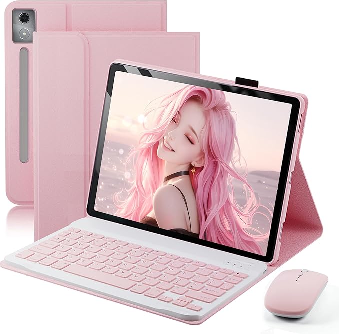 Keyboard Case for 2025 Lenovo Idea Tab Pro 12.7 inch - Stand Folio Detachable Keyboard Cover with Mouse (TB-373FU/TB-375FC) - Pink
