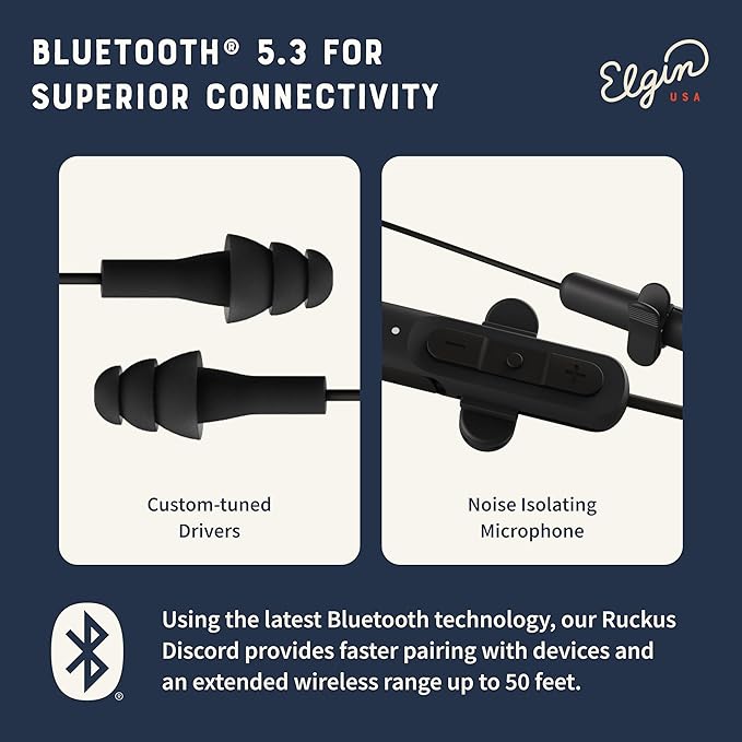 Elgin Ruckus Wireless Bluetooth Earplug Headphones 25 dB Noise Reduction Ear Plug Earbuds Noise Cancelling Mic 12 Hour Battery IP65 sweatproof OSHA Compliant Hearing Protection Work Safety