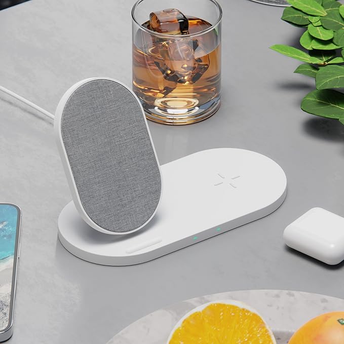 PhoneSuit Novo Dual Wireless Charger Station &amp Dock | Soft Linen Style Fabric | 15 Watt Fast Charge | for iPhone 16/15/14/13/12/X for Samsung S23/S22/S21 &amp More