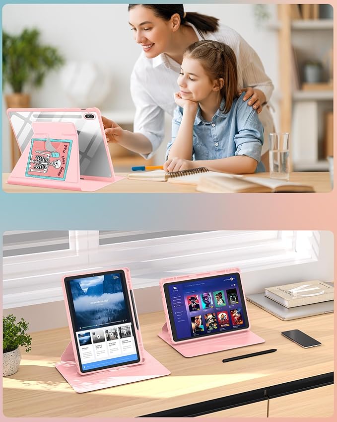 for Samsung Galaxy Tab S10 Fe Case - Tab S9 Fe/S9 Case with Pencil Holder Women Girls Cute Girly Pretty Skeleton Unique Aesthetic Design Teens Rotating Tablet Cases Cover