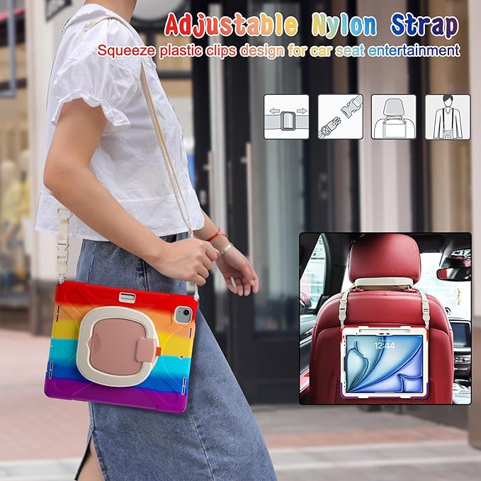 MEEgoodo Case for iPad Air 13 inch 2025 (M3) /2024 (M2) &amp iPad Pro 12.9 Case 6th/5th/4th/3rd Generation 2022 2021 2020 2018 Tablet Cover with Pencil Holder/Rotating Stand/Shoulder StrapColourful