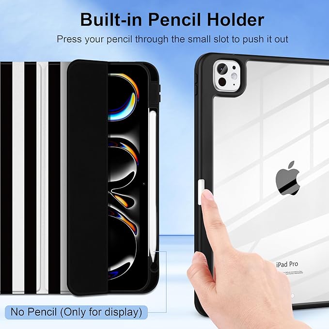 DONGKE for iPad Pro 11-Inch Case (M5 2025 / M4 2024) 6th/5th Generation [Auto Sleep/Wake &amp Pencil Pro Holder] Clear Acrylic Back Smart Trifold Stand Cover Black Stripes