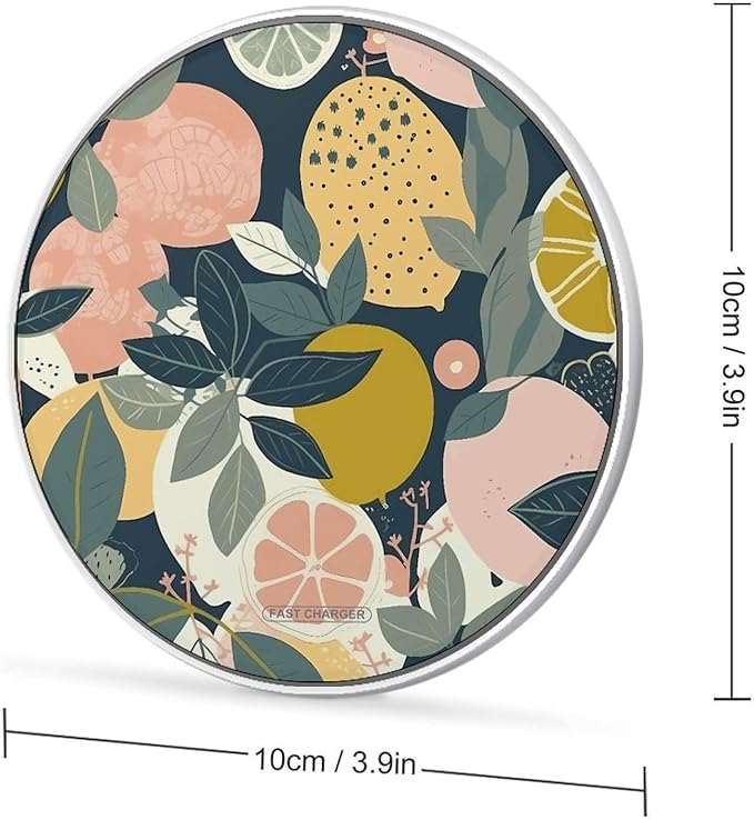 Lemon Citrus Pattern Wireless Charger Fast Wireless Charging Pad with USB Cable 10W Anti-Slip Magnetic Wireless Charger Portable Slim Charger Puck Travel Charging Station