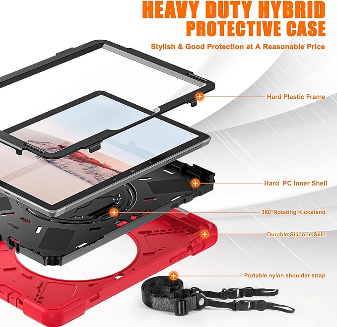 ZenRich Rugged Case for Surface Go 4 (2023)/Surface Go 3 (2021)/ Surface Go 2 (2020) Surface Go (2018) with Pen Holder Heavy Duty Shockproof Case with Stand Hand Strap and Shoulder Belt-Red