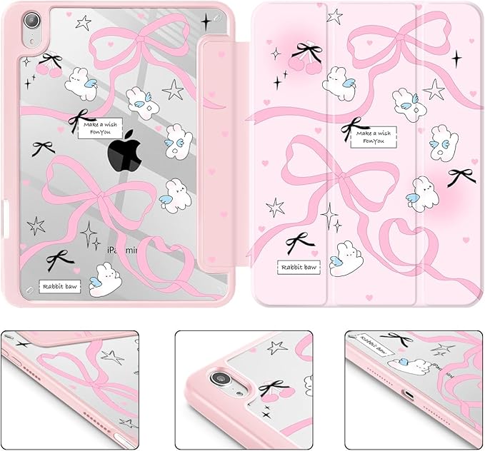 Mektron Printed Case for iPad mini 7 (A17 Pro) 2024/ Mini 6 2021 iPad mini 7th/6th Generation 8.3-inch Liquid Retina Display Cover Buit in Pencil Holder with Clear Back Shell Pink Bows-Rabbits
