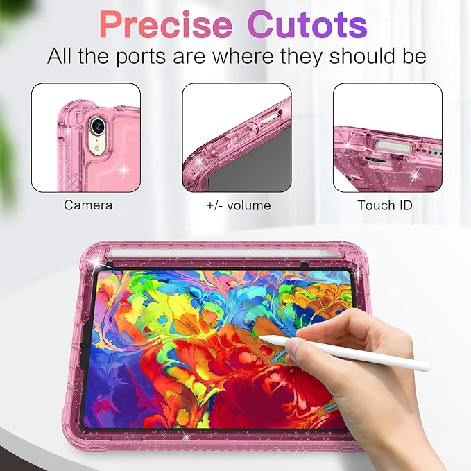 Case for iPad mini A17 Pro for iPad mini 7th/6th Generation Case 8.3 inch 2024/2021 with Pencil Holder/Stand Slim Cover for i Pad Mini 7/6 (Clear Glitter Pink)
