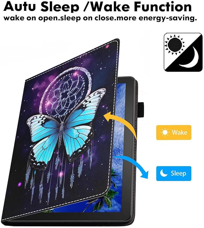 Case for Amazon Kindle Fire 7 Tablet (7 9th/7th Generation 2019/2017 Release) Slim PU Leather Cover with Card Slot &amp Auto Wake/Sleep Dreamcatcher Butterfly