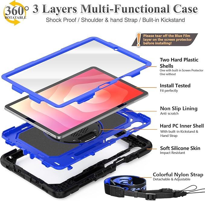 SEYMAC stock Case for Samsung Galaxy Tab S11 Tablet Case 11'' Protective with Screen Protector Pencil Holder 360 Degree Rotate Kickstand Hand Strap Shoulder Strap Blue