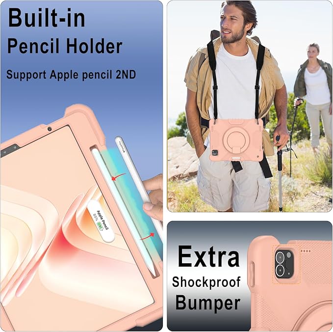 SCSVPN for iPad Air 5th/ 4th Generation 10.9'' Case iPad Pro 11 Inch Case 4th/3rd/2nd/1st Gen 2022 2021 2020 2018: Protection Kids Cover with Pencil Holder-Stand-Handle-Shoulder Strap Rose Gold