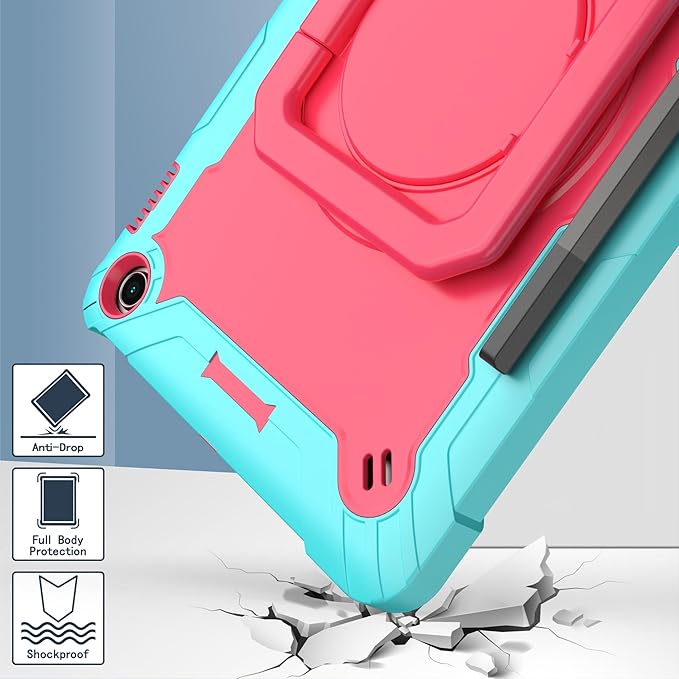Case for Amazon Fire Max 11 inch Tablet (13th Generation 2023 Release) Hybrid Shockproof 360 Rotating Multi-Functional Ring Stand Case with Shoulder Straps (Teal/Pink)