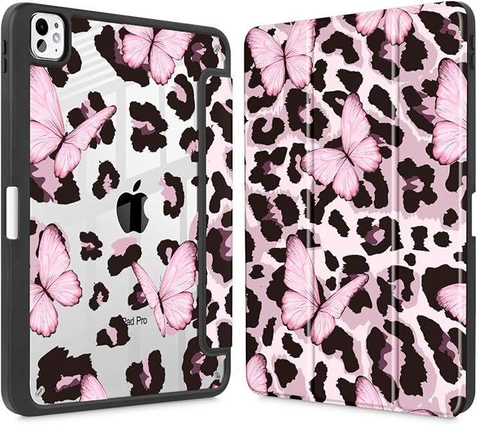 Mektron Case for M5/ M4 iPad Pro 11 inch 2025/2024 with Pencil Holder Compatible Models: A3357/A3358/A3359/A2836/A2837/A3006 Shockproof Cover Clear Shell Leopard Pink Butterfly