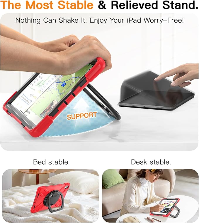 BATYUE Case for iPad (A16) 11th/10th Gen 11''/10.9'' 2025/2022 - Heavy Duty Shockproof Cover with 360° Rotating &amp 180° Folding Stand Screen Protector Shoulder Strap &amp Pencil Holder | Red
