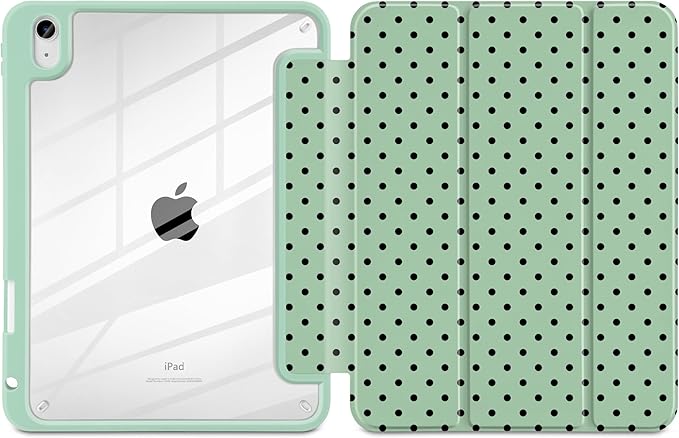Case for iPad A16 11th Generation 11 inch 2025 iPad 10th Generation 10.9 inch 2022 -[Built-in Pencil Holder] Shockproof Clear Hard Back Trifold Stand Auto Wake/Sleep Green Polka dot