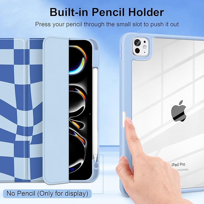 TWOLSKOO Case for iPad Pro 11-inch (M5 2025 / M4 2024) Clear Acrylic Back with TPU Bumper Pencil Holder Trifold Stand Auto Sleep/Wake Blue Wavy Checker