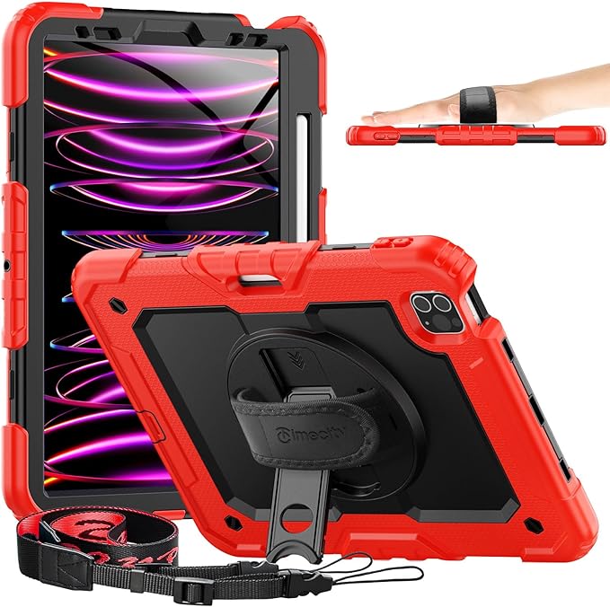 Timecity Case for iPad Pro 11 inch 4th/3rd/2nd/1st Generation 2022/2021/2020/2018 Heavy Duty Protective Case with Screen Protector Swivel Stand Hand/Shoulder StrapPencil Holder Case- Red