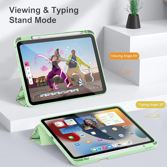 Mektron Case for 2026 iPad Air 13 inch M4 Cover Compatible 2025 iPad Air 13 inch M3 2024 iPad Air 13 inch M2 with Pencil Holder Shockproof Clear Shell Flowers-Bows-Green