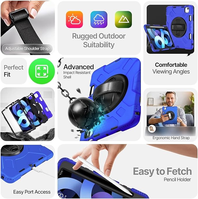 TNP Protective Case for iPad Air 6th M2 2024 11 Inch 5th 4th Gen 10.9 inch and iPad Pro 4th 3rd 2nd Generation (2022 2021 2020 2018) w/Pencil Holder Handle Stand &amp Shoulder Strap Blue